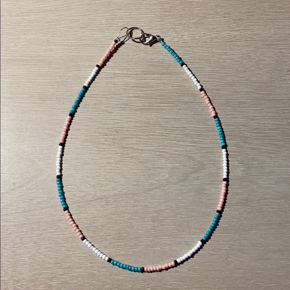 White blue and pink seed bead necklace